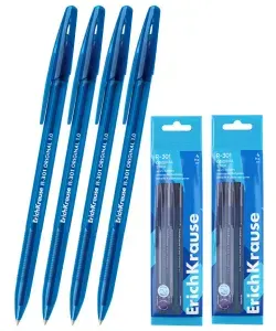 Ручка шариковая 8 шт (2 пакета по 4) ERICH KRAUSE R-301 ОRIGINAL Stick пишущий узел 1,0 цвет чернил синий