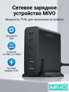 Быстрое компактное зарядное GAN устройство Mivo MP-750Q, QC 4.0-75W (Черный)