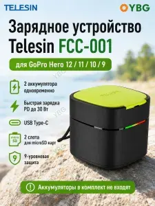 Зарядное устройство TELESIN FCC-001 для 2 аккумуляторов GoPro Hero 12 11 10 9, и 2 карт памяти, быстрая зарядка PD 30 Вт, USB Type-C