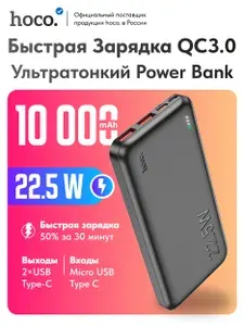 Быстрая зарядка. Повербанк Hoco J101 10000 mAh черный. Powerbank внешний аккумулятор с индикатором заряда