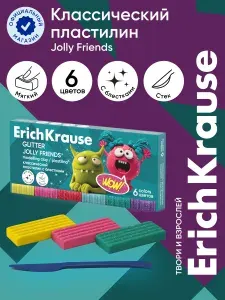 Пластилин классический ErichKrause Jolly Friends Glitter с блестками 6 цветов со стеком, 108 г (в коробке 6 шт)