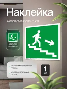 Эвакуационный знак Е13 "Направление к эвакуационному выходу по лестнице вниз" (правосторонний), фотолюминесцентный, наклейка, 125х125х1мм, 1шт.