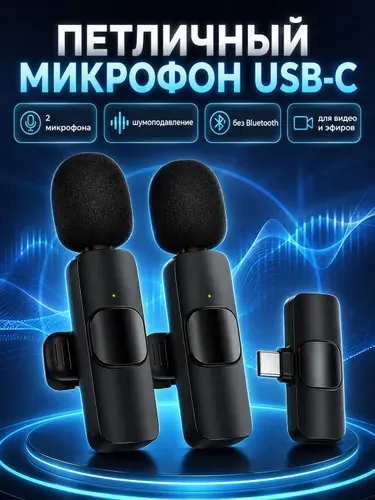 Петличный микрофон беспроводной, USB-C, 2 шт, с шумоподавлением, для телефона Android, iPhone 15, ноутбука и ПК