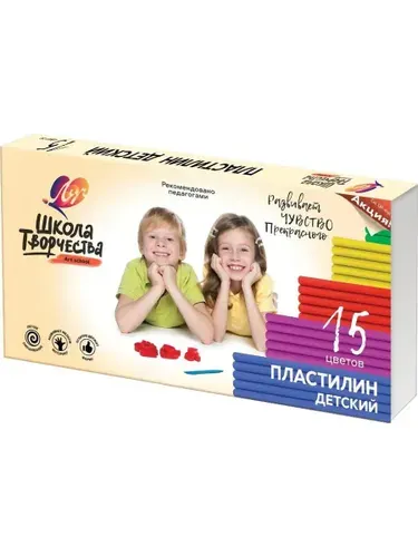 Пластилин 1шт 15 цветов 300гр ЛУЧ Школа творчества со стеком (картонная упаковка)
