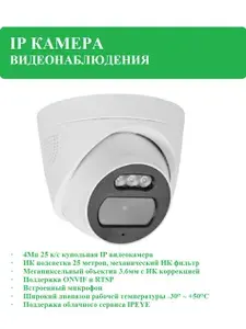 Камера видеонаблюдения IP купольная внутренняя, 3.6 мм, 4 Мп, PoE, встроенный микрофон Novihome AVIOR - E4 v. 1509