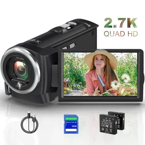 Видеокамера, HD 2.7K 50MP с 16-кратным зумом, вращающийся на 270 градусов экран, карта памяти объемом 32 ГБ и 2 батарейки