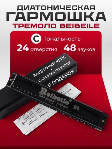 Губная гармошка диатоническая тремоло BEIBEILE,тональность С,24 отверстия,чёрная