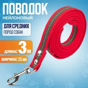 Поводок нейлоновый 3м х 25мм, красно-серый, из ленты высокой плотности, для средних пород собак.