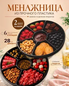 Менажница круглая пластиковая 6-секционная, черная, 28 см, 2 шт.