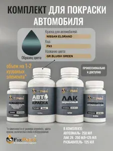 Комплект для покраски NISSAN ELGRAND, код FN3, GR BLUISH GREEN, базовая автомобильная краска 250 мл, лак 2K 250 мл с отвердителем, разбавитель 125 мл, FixPaint Pro
