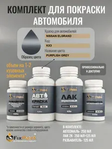 Комплект для покраски NISSAN ELGRAND, код KX3, PURPLISH GREY, базовая автомобильная краска 250 мл, лак 2K 250 мл с отвердителем, разбавитель 125 мл, FixPaint Pro