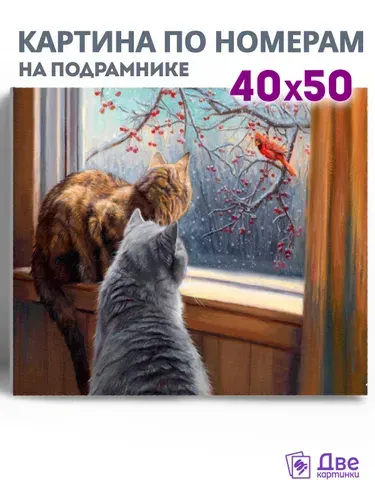 Картина по номерам на холсте 40х50 40 x 50 на подрамнике "Два кота смотрят из окна на птицу" DVEKARTINKI