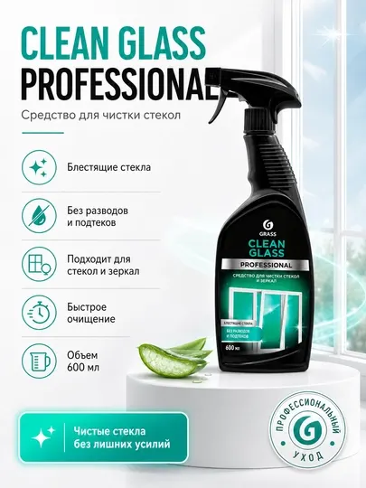 Очиститель стекол и зеркал «Clean Glass» Professional (флакон 600 мл)