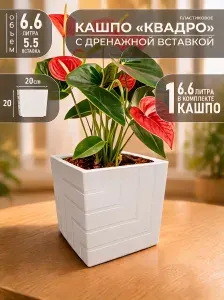 Горшок для цветов 6.6 л, 1 шт, комнатный Квадро, белый кашпо пластиковое с дренажной вставкой, большой для фикуса, монстеры и замиокулькаса