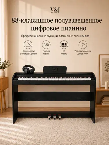 V&J MUSIC C-321BK 88-клавишное полувзвешенное цифровое пианино в комплекте с деревянной стойкой, мониторными наушниками и тремя педалями для фортепиано.