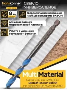 Сверло по металлу, дереву, бетону (универсальное), 8мм, твердосплавная напайка, шестигранный хвостовик, Hanskonner H1055-08-08