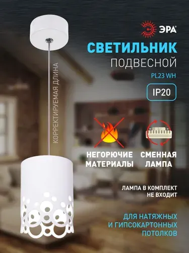 Светильник потолочный подвесной ЭРА PL23 WH на кухню, в детскую комнату GX53, металл, max15 Вт, d85 мм, IP20, белый