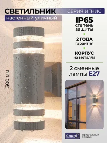 Светильник уличный настенный E27 IP65 General, фасадный, алюминий + пластик, графит, двойной, Игнис