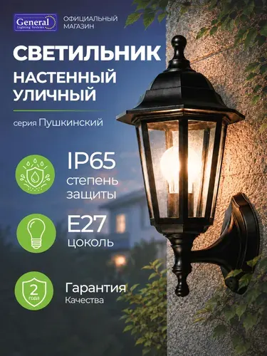 Светильник уличный настенный фонарь E27 IP65 General, фасадный, пластик-стекло, черный, серия Пушкинский Большой Вверх