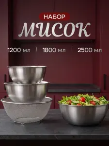Набор металлических мисок из нержавеющей стали и дуршлаг Shiny Kitchen
