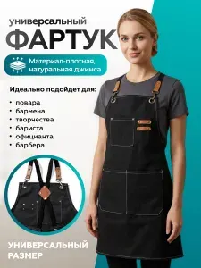 Джинсовый фартук водоотталкивающий кухонный для официанта, бармена, повара, кондитера, синий, Master-Pokupok