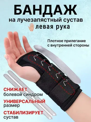 Бандаж на лучезапястный сустав слева.Цвет черный, размер универсальный.