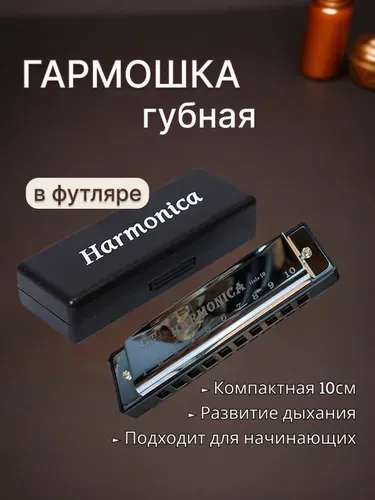Губная гармошка диатоническая, серебристая