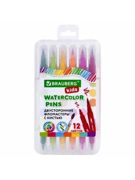 Фломастеры двусторонние с кистью 12 цветов, BRAUBERG KIDS