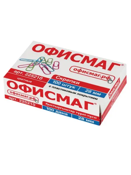 Скрепки ОФИСМАГ 28 мм цветные 100 шт картонная коробка