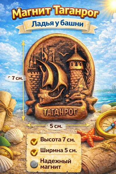 Магнит Таганрог Ладья, бронзовый, керамика, 70х50х6 мм. 1 шт.
