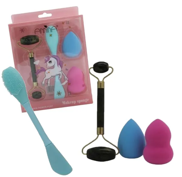 Спонж для макияжа/Набор косметический для лица Makeup sponge/Нефритовый роликовый массажер/Силиконовая щеточка/Мягкие и эластичные спонжи.
