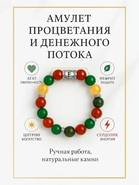 Браслет из натуральных камней ручной работы с руной феху AKSHIYALA