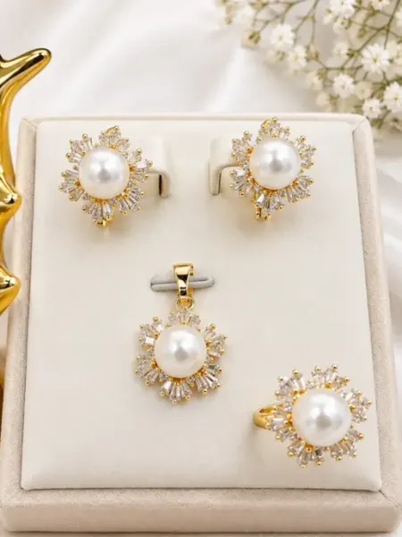 DIAMOND COLLECTION Комплект бижутерии с жемчугом серьги кольцо и кулон