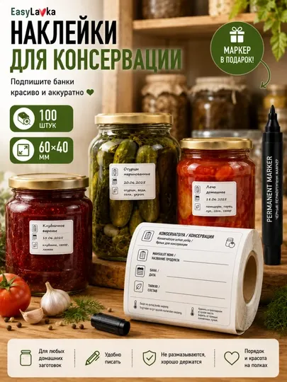 Наклейки для заморозки и консервации 100 шт 60×40 мм, маркер в подарок - Пленка самоклеящаяся, наклейки и этикетки