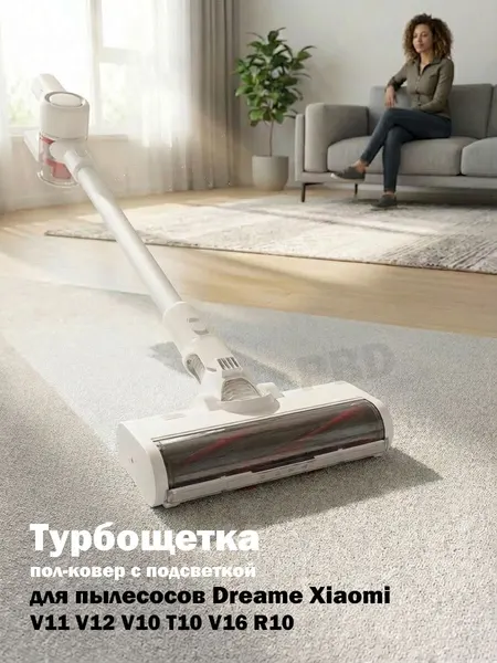 Турбощетка Dreame Xiaomi T10 V11 V12 V16 R10 с подсветкой. Белая щетка, универсальная для ковров и ламината, паркета, плитки. Широкие контакты.