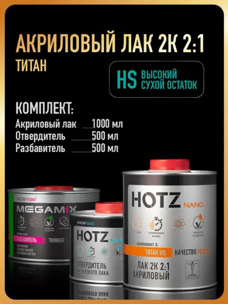 Лак для авто 2К HS ТИТАН,Лак+Отвердитель+Разбавитель HOTZ