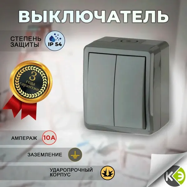 Выключатель уличный герметичный двухклавишный 10A IP54 накладной серый