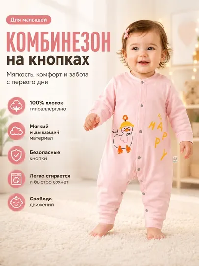 Детский розовый комбинезон для малышей с кнопками, длинным рукавом и мягкими манжетами - Комбинезоны и полукомбинезоны для девочек