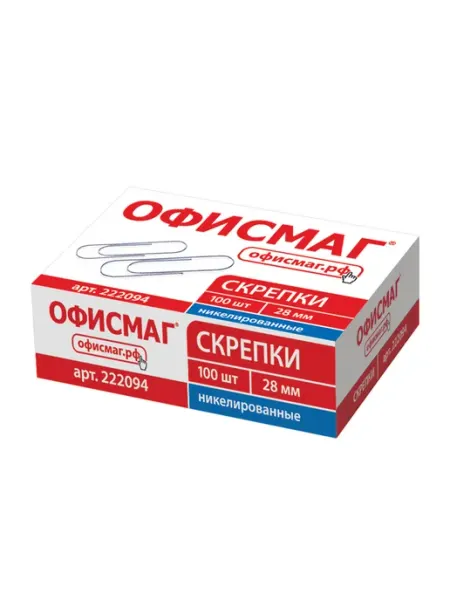 Скрепки ОФИСМАГ никелированные 28 мм 100 шт в коробке