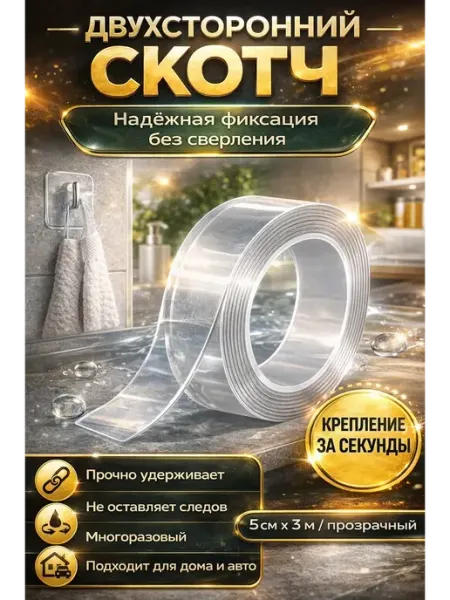 Двусторонний скотч прозрачный нано 5см 3м клейкая лента СУМАЯ1908