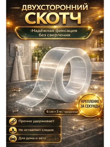 Двусторонний скотч прозрачный нано 6см 3м клейкая лента СУМАЯ1908