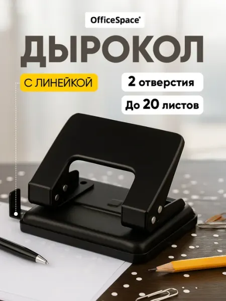 Дырокол для бумаги канцелярский с линейкой А4 до 20 листов OfficeSpace
