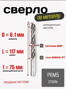 Сверло 8.1 мм. по металлу, цилиндрический хвостовик,ц/х, Р6М5 ТМ*