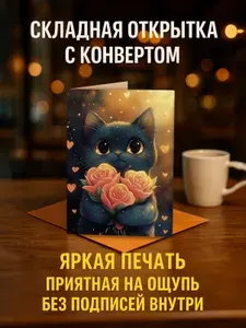 "Чёрный котик с розами", яркая открытка с крафтовым конвертом, дизайнерская бумага, 10x15 см, складная подарочная без надписей, для 8 марта, 14 февраля и на свадьбу