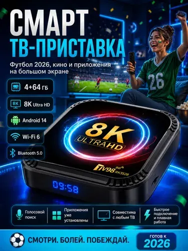 Смарт тв приставка, Android 14,8K,4+64G,мощная производительность,последние модели 2026 года выпуска