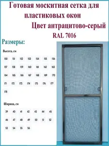 Готовая москитная сетка для пластиковых окон/Антимоскитная сетка/Ширина 410 мм x Высота 1560 мм/ Антрацитово-серый RAL 7016