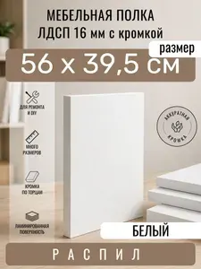 Полка мебельная из ЛДСП 16 мм, белая, 56 х 39,5 см, с кромкой, полка для шкафа и стеллажа