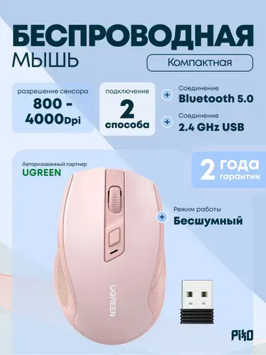 Беспроводная мышь Ugreen MU006 эргономичная бесшумная компьютерная мышь 2.4 ГГц, 4000 DPI, для ноутбука и ПК, тихие клики, розовая