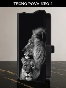 Чехол-книжка на Tecno Pova Neo 2 (Техно Пова Нео 2) с картой и принтом "Львиная пара"