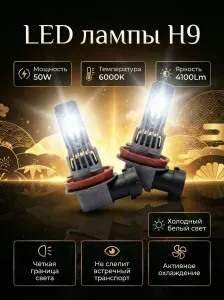 Светодиодные лампы H9 для Nissan Patrol 2010-2025 / Дальний свет / LED 55W 6000K, автомобильные LED лампочки